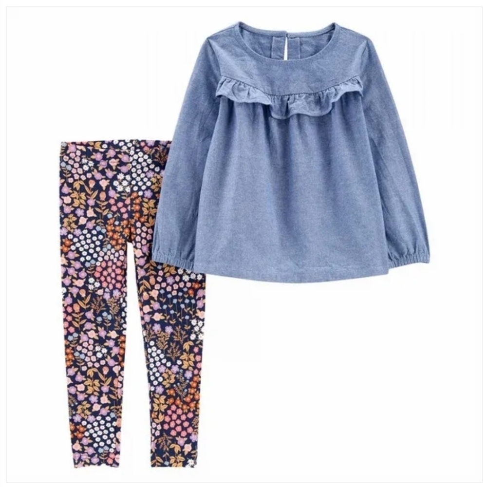 NWT Carter's 2 Pc Chambray Smock Top with Flower Leggings ~18M